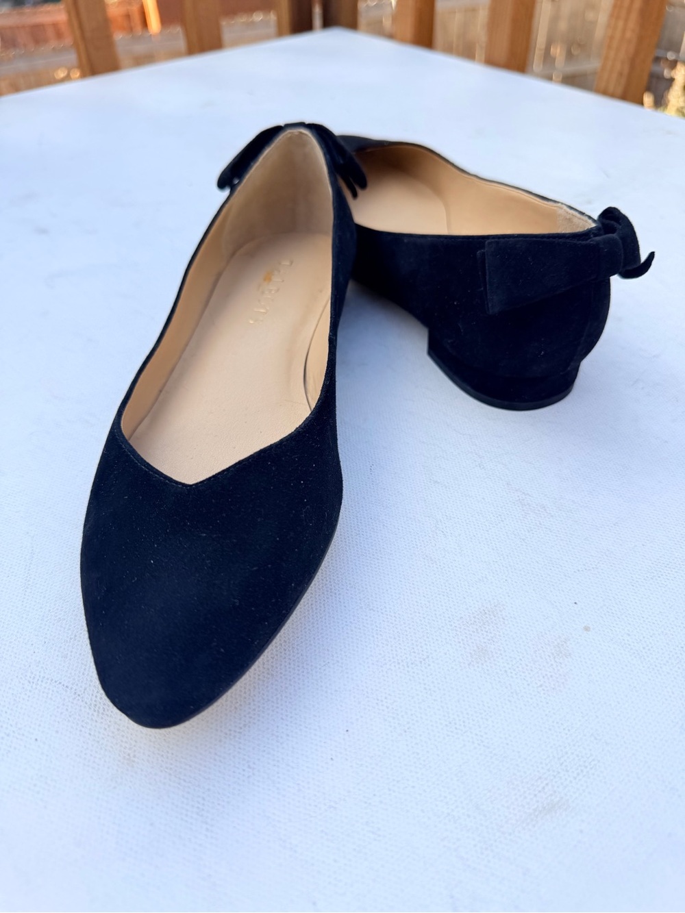 Talbots black velvet pointed toe flat with back ankle bow